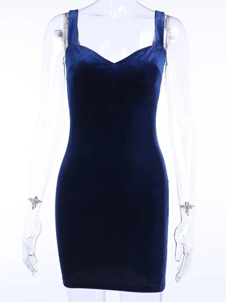 Blue V-Neck Spaghetti Strap Mini Sleeveless Skinny Soft Fashion Slim Bodycon Dress / S