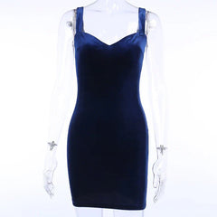Blue V-Neck Spaghetti Strap Mini Sleeveless Skinny Soft Fashion Slim Bodycon Dress