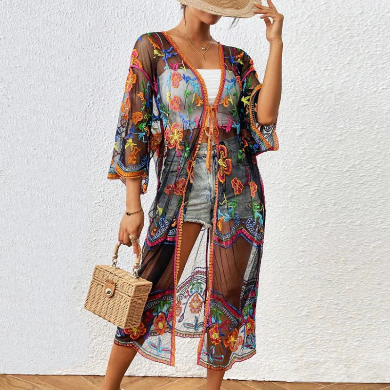 Lace Boho Bikini Beach Cover up Women Dresses Summer Floral / One Size bohocoverup-250126