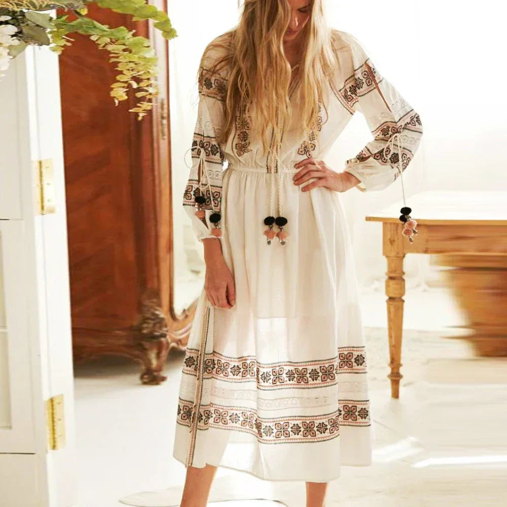 Boho Blue/White Cotton Rayon Maxi Dress bohodress-250126