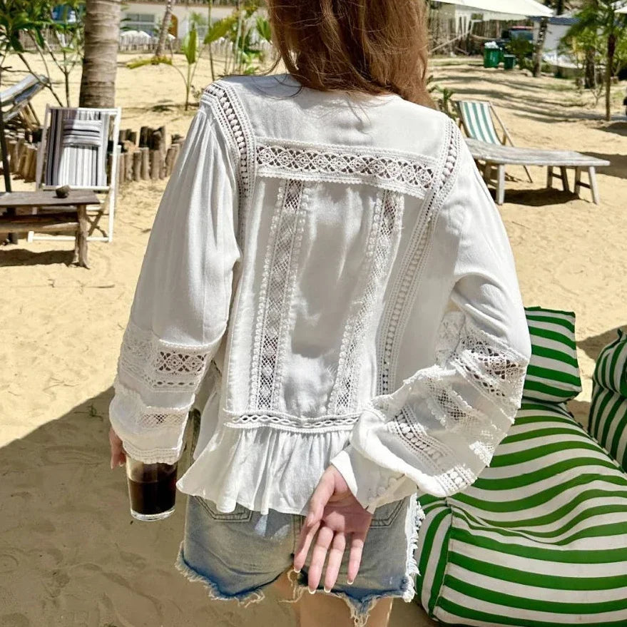 Hollow Out Lace Ethnic Long Sleeve Ruffles Boho Blouse