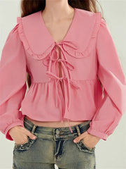 Ruffled Turn-Down Neck Tie-Up Blouse blouse-250223