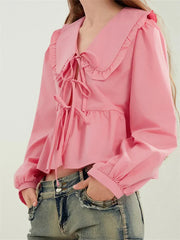 Ruffled Turn-Down Neck Tie-Up Blouse blouse-250223