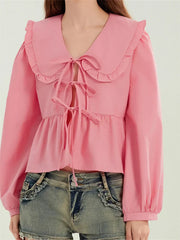 Ruffled Turn-Down Neck Tie-Up Blouse blouse-250223