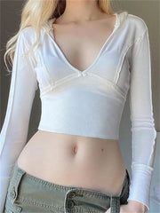 Hooded Ribbed Long Sleeve Deep V Neck Solid Color Slim Fit T-Shirts White / S