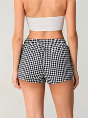 Plaid Elastic Waist Loose Short short-250223