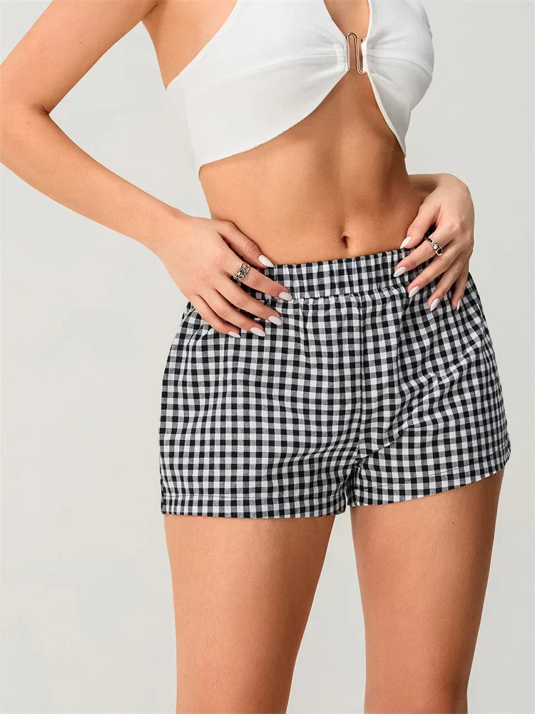Plaid Elastic Waist Loose Short short-250223