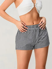 Plaid Elastic Waist Loose Short short-250223