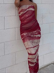 Irregular Tie Dyeing Print Tube For Women Summer Beach Party Clubwear Strapless Off Shoulder Ruched
