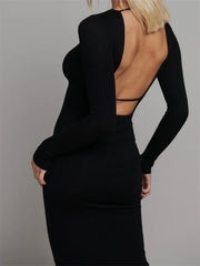 Round Neck Hollow Out Party Clubwear For Women Backless Sleeve Solid Color Slim Fit Vestidos