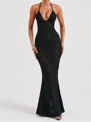 Sexy Women Lace Mesh See Through Summer Off Shoulder V-Neck Halter Black Beach Female Vestidos
