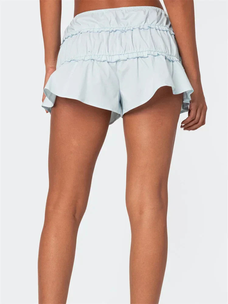 Ruffled Solid Elastic Waist Short short-250223
