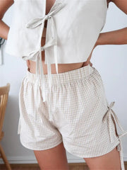 Plaid Split Lace-Up HolLow Short white / S short-250223