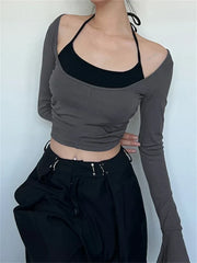 Halter Tie-Upoff Shoulder Patchwork Long Sleeve Slim Fit T-Shirts