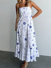 Vintage Women Summer Sleeveless Spaghetti Strap Floral Print Party Loose Casual Square Neck