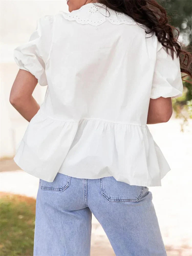 Lace Short Sleeve Front Tie-Up Blouse blouse-250223