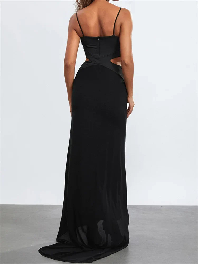 Women Black Halter Sleeveless Slim Waist Hollow Out Spaghetti Strap Evening Summer Female Vestidos