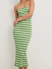 Women Bodycon Striped Strapless Off Shoulder Backless Tube Summer Split Knitted Party Vestidos