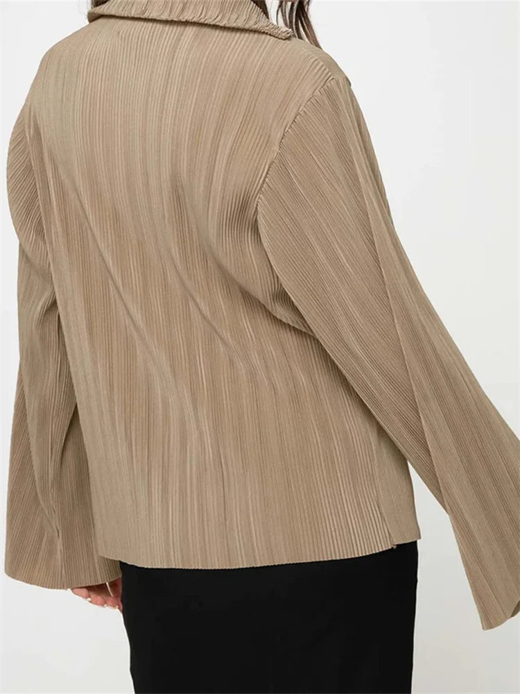 Pleated V-neck Button-Down Blouse blouse-250223