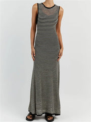 Women Knitted Sleeveless Round Neck Striped Slim Summer Club Party Female Vestidos Streetwear