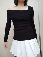 Off Shoulder Irregular Neck Long Sleeve Ribbed Knitted T-Shirts Black / Xs