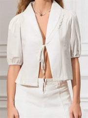 Lace Trim Front Tie-Up V-neck Blouse white / S blouse-250223