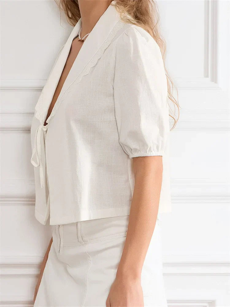 Lace Trim Front Tie-Up V-neck Blouse blouse-250223