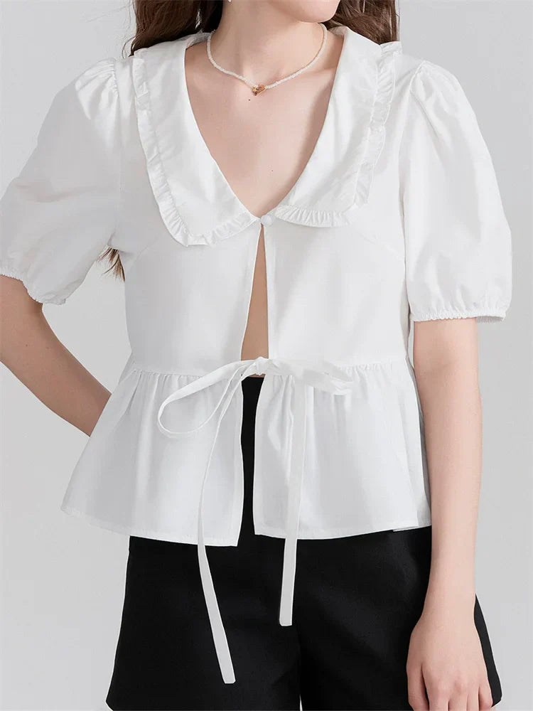 V-neck Front Bowknot Tie-Up Blouse white / S blouse-250223