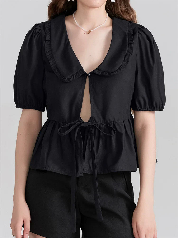 V-neck Front Bowknot Tie-Up Blouse black / S blouse-250223
