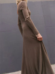 Women Spring Fall Casual Solid Color Square Neck Sleeve Knitted Pleated Fashion Holiday Vestido