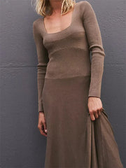 Women Spring Fall Casual Solid Color Square Neck Sleeve Knitted Pleated Fashion Holiday Vestido