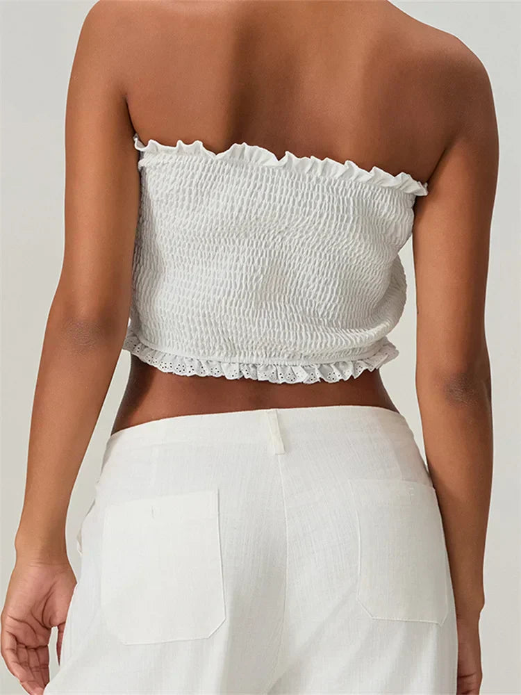 Tube Bow Lace Trim Ruched Plaid Crop Top croptop-250126