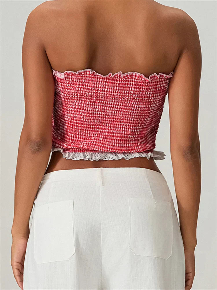 Tube Bow Lace Trim Ruched Plaid Crop Top croptop-250126