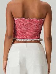 Tube Bow Lace Trim Ruched Plaid Crop Top croptop-250126