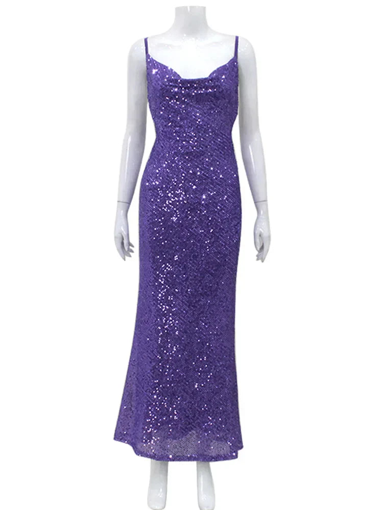 Shining Sequins Backless Sexy Club Women Dresses Spaghetti Strap Christmas Party Dress Dresses-L