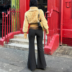 Fashionable Leopard Print Patchwork Low Waist Flared Casual Solid Pants