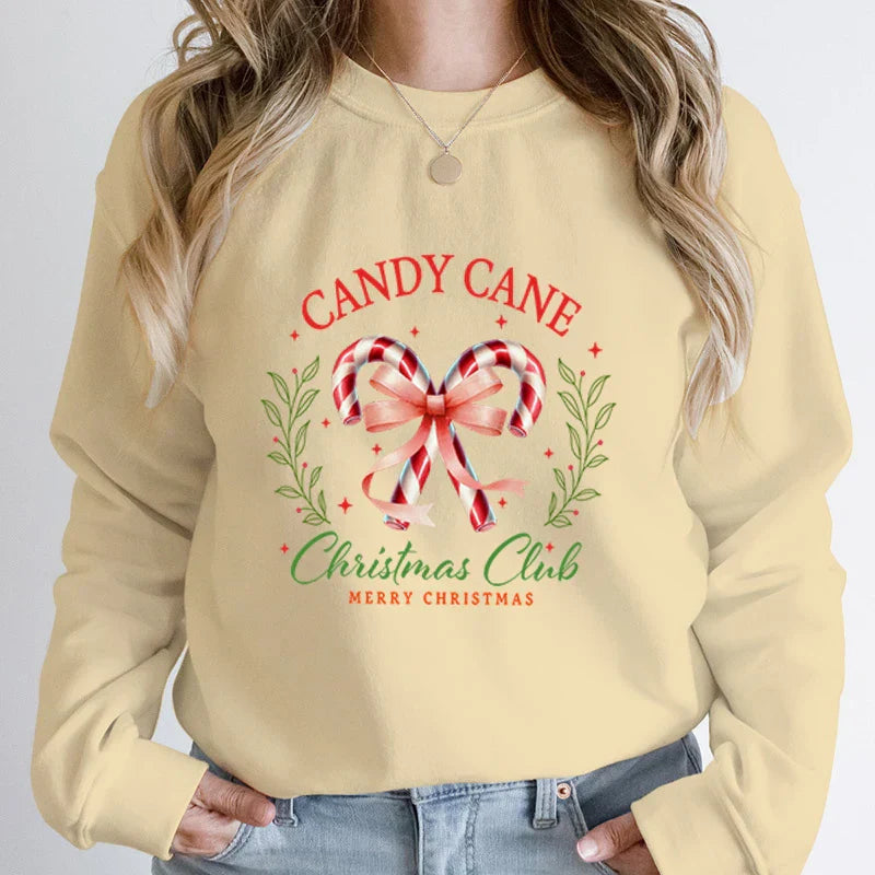 Merry Candy Cane Christmas Club Round Neck Hoodie Khaki / S Hoodies-L
