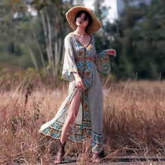 Flare Sleeve Button Down Printing Chic Boho Dress bohodress-250126
