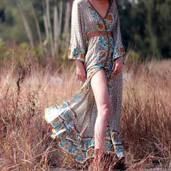Flare Sleeve Button Down Printing Chic Boho Dress Beige / S bohodress-250126