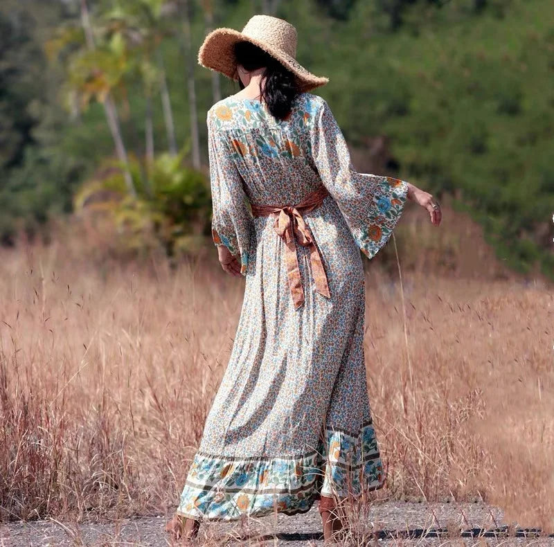 Flare Sleeve Button Down Printing Chic Boho Dress bohodress-250126