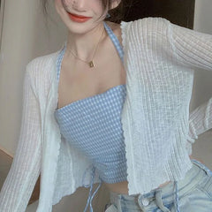 V-Neck Thin Sunscreen Korean Style Knit Summer Cardigan White / One Size cardiagn-250126