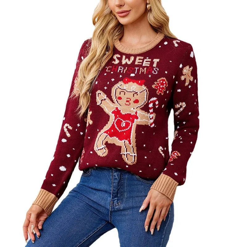 Cute Sweet Gingerbread Man Pattern Loose Fitting Casual Christmas Sweater Sweaters-L