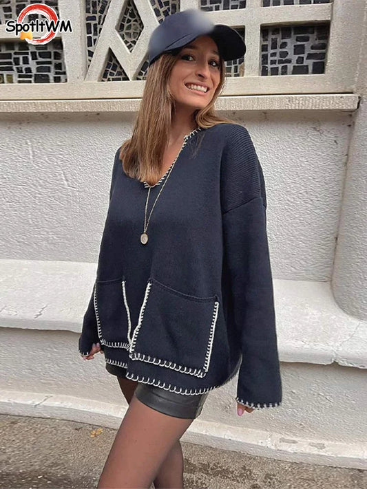 Warm Stylish Cozy Casual Elegant Loose Long Sleeve Contrast V-Neck Knitted Sweater