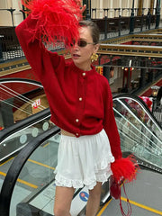 Spliced Feather Long Sleeved Knitted Cardigan Christmas Sweater Red / S Sweaters-L