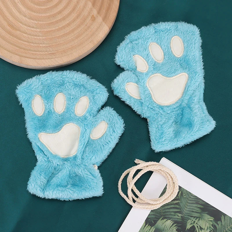 Cartoon Cat Girl Fluffy Bear Paw Winter Half Finger Christmas Gloves Blue / One Size Gloves-L