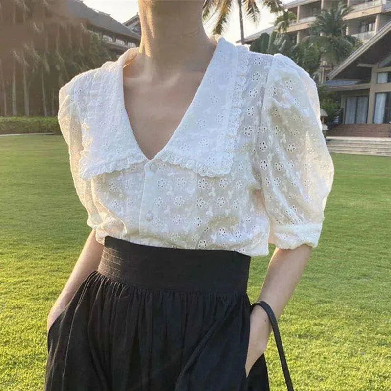 Chic Hollow Lace Puff Sleeve Peter Pan Collar Blouse blouse-250126