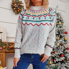 Vintage Striped Long Sleeve Jacquard O-Neck Loose Christmas Sweater Sweaters-L