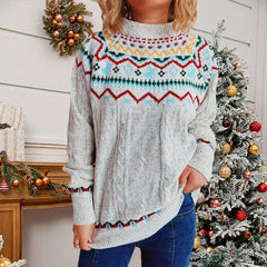 Vintage Striped Long Sleeve Jacquard O-Neck Loose Christmas Sweater Sweaters-L