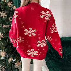 Snowflake Print Oversized Christmas Sweater Sweaters-L
