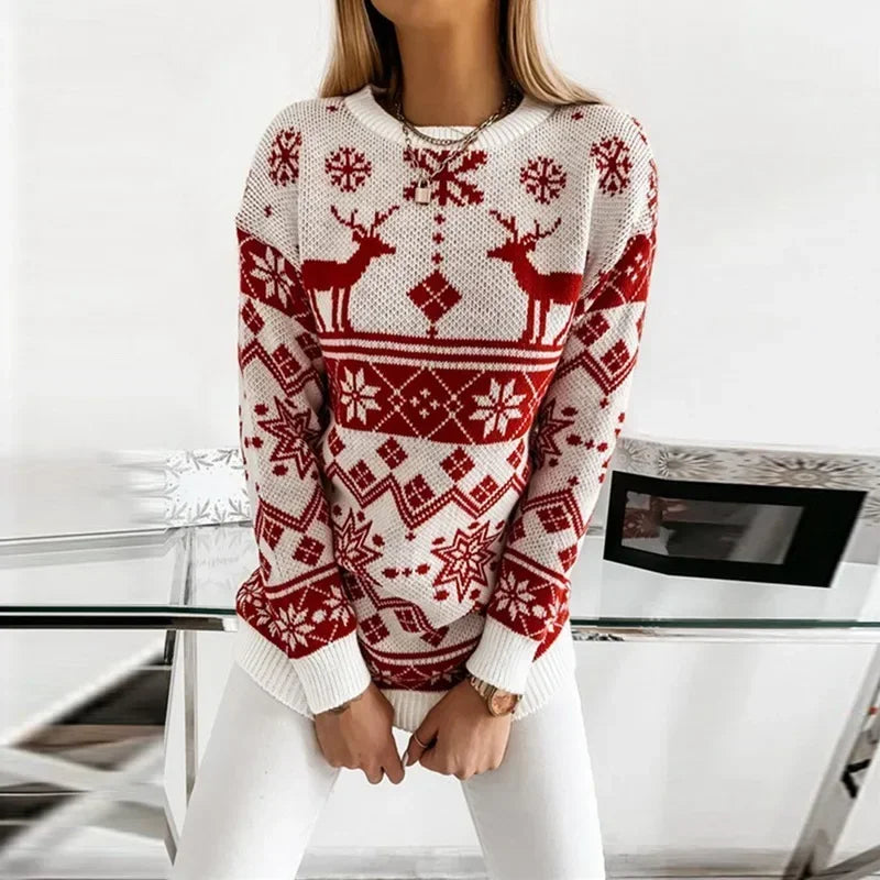 Deer Print Casual Loose Long Sleeve O Neck Warm Jacquard Knitwear Christmas Sweater Sweaters-L